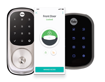 a smart door lock with a screen that says front door locked and a lock box with a